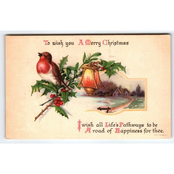 Vintage 1921 Christmas Postcard Robin & Lantern Scenic Winter Scene - Picture 1 of 2